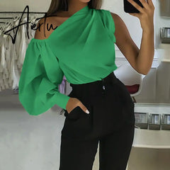 Asymmetrical Blouse Women Summer Off Shoulder Blusas Elegant Lantern Long Sleeve Shirt Fashion Ladies Party Tops Aiertu