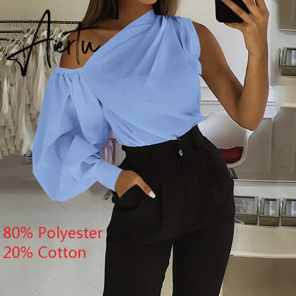 Asymmetrical Blouse Women Summer Off Shoulder Blusas Elegant Lantern Long Sleeve Shirt Fashion Ladies Party Tops Aiertu
