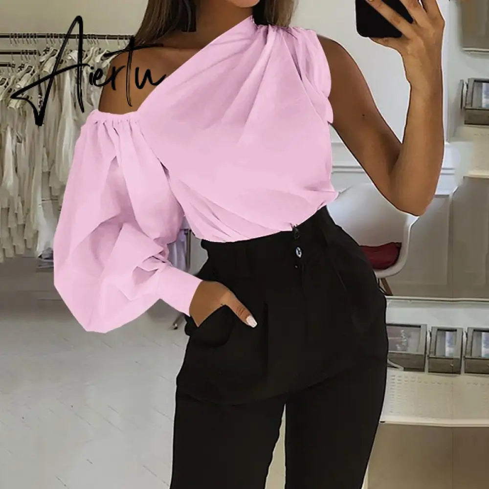 Asymmetrical Blouse Women Summer Off Shoulder Blusas Elegant Lantern Long Sleeve Shirt Fashion Ladies Party Tops Aiertu