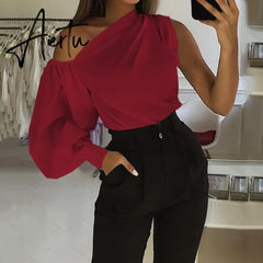 Asymmetrical Blouse Women Summer Off Shoulder Blusas Elegant Lantern Long Sleeve Shirt Fashion Ladies Party Tops Aiertu