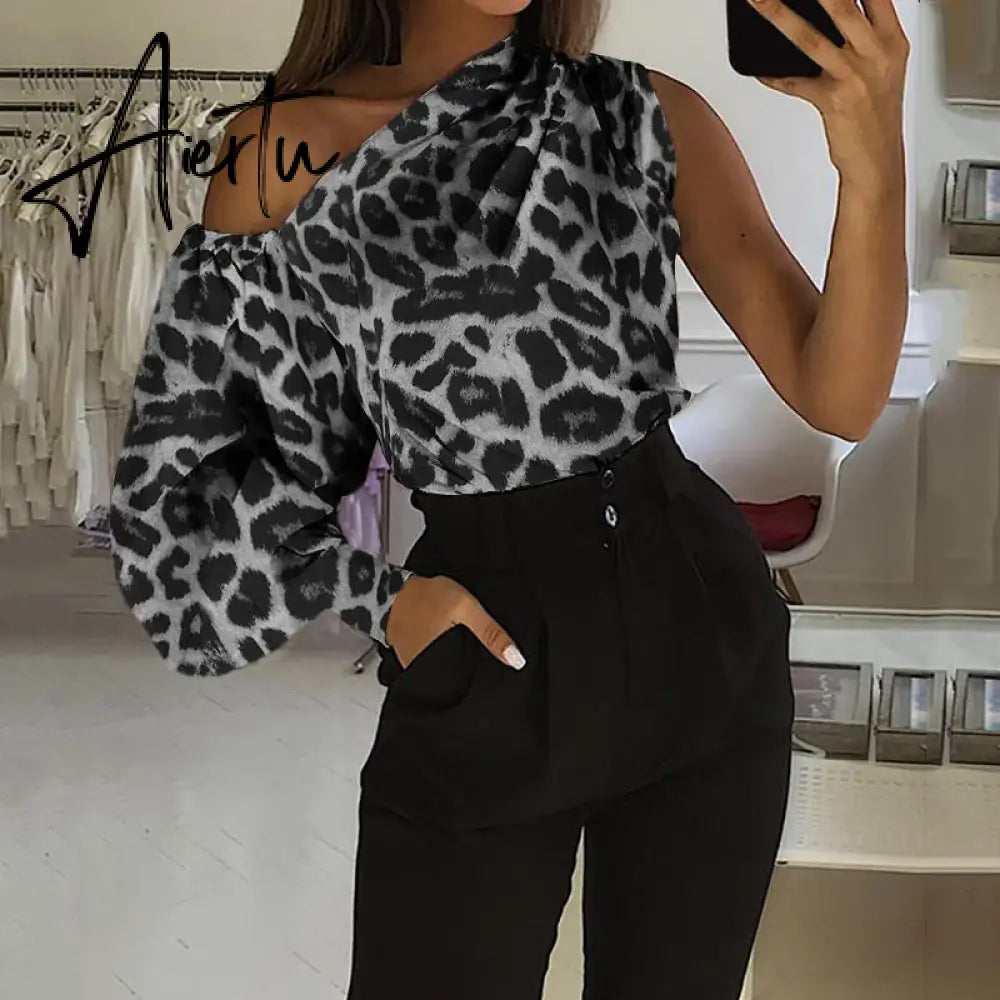 Asymmetrical Blouse Women Summer Off Shoulder Blusas Elegant Lantern Long Sleeve Shirt Fashion Ladies Party Tops Aiertu