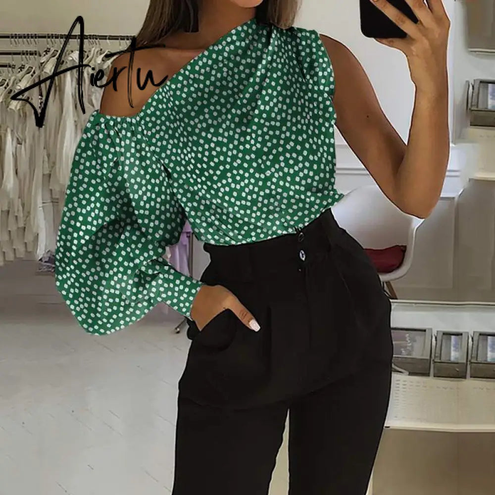 Asymmetrical Blouse Women Summer Off Shoulder Blusas Elegant Lantern Long Sleeve Shirt Fashion Ladies Party Tops Aiertu