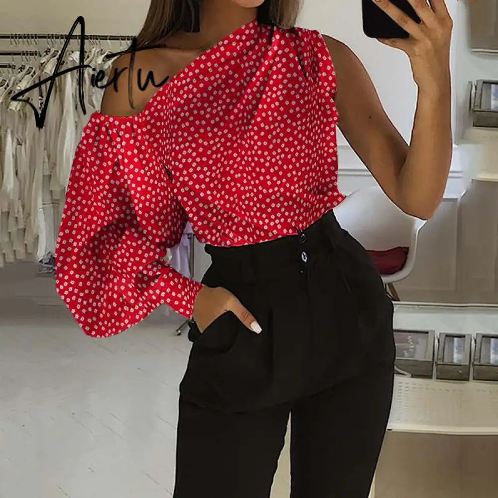 Asymmetrical Blouse Women Summer Off Shoulder Blusas Elegant Lantern Long Sleeve Shirt Fashion Ladies Party Tops Aiertu