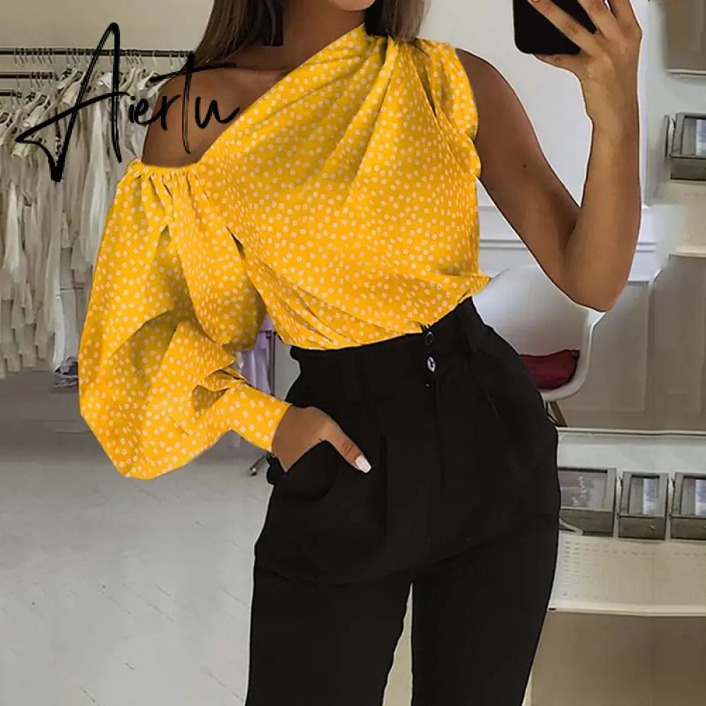 Asymmetrical Blouse Women Summer Off Shoulder Blusas Elegant Lantern Long Sleeve Shirt Fashion Ladies Party Tops Aiertu