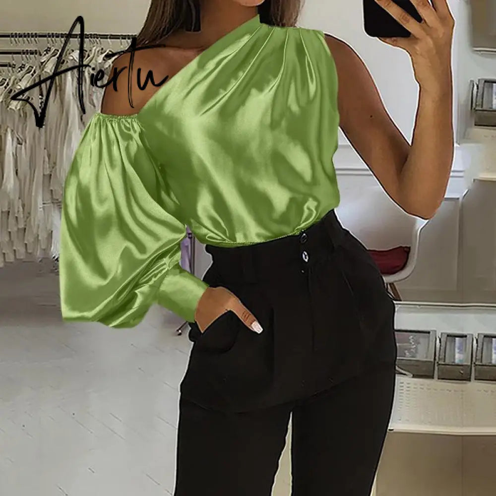 Asymmetrical Blouse Women Summer Off Shoulder Blusas Elegant Lantern Long Sleeve Shirt Fashion Ladies Party Tops Aiertu
