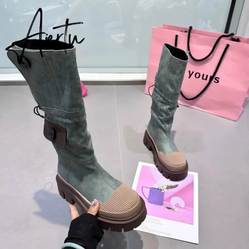 Autumn and Winter New Fashion Two Knee length Boots Women's Denim Washed Shell Head Thick bottomed Tooling Boots Aiertu