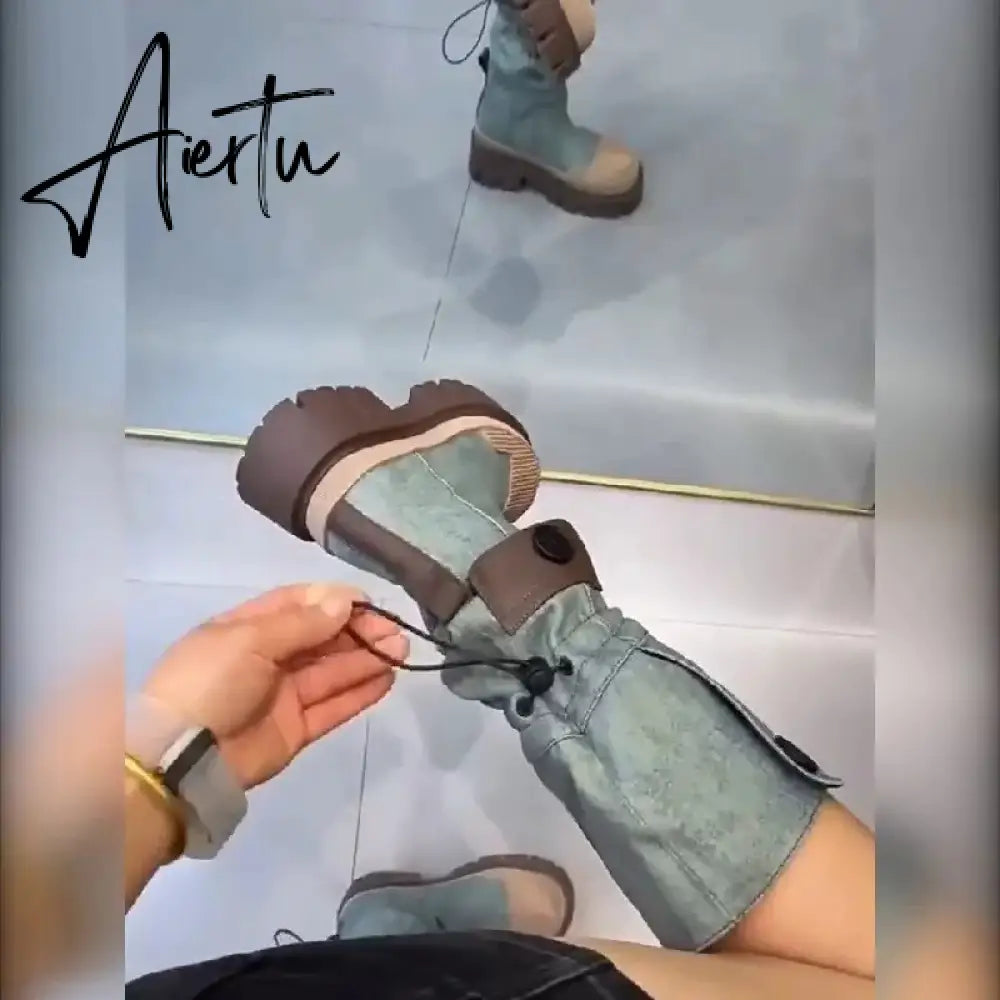 Autumn and Winter New Fashion Two Knee length Boots Women's Denim Washed Shell Head Thick bottomed Tooling Boots Aiertu