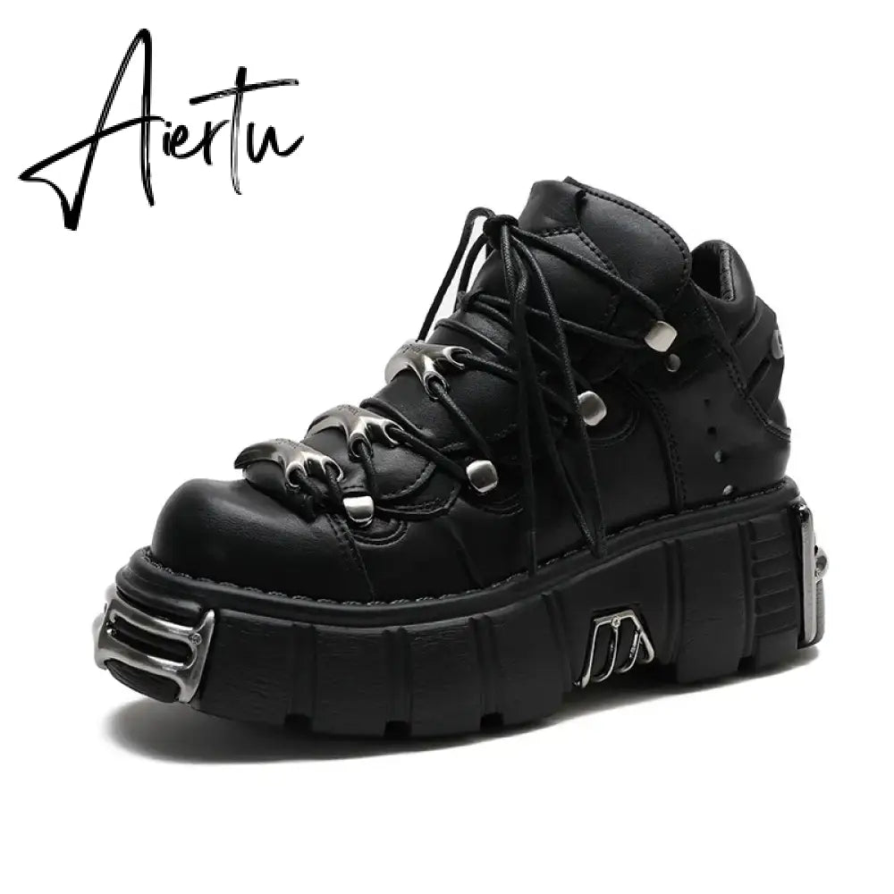 Autumn and winter new women's shoes fashion british Street style Lace up design knight Martin locomotive short boots 41-45 Aiertu