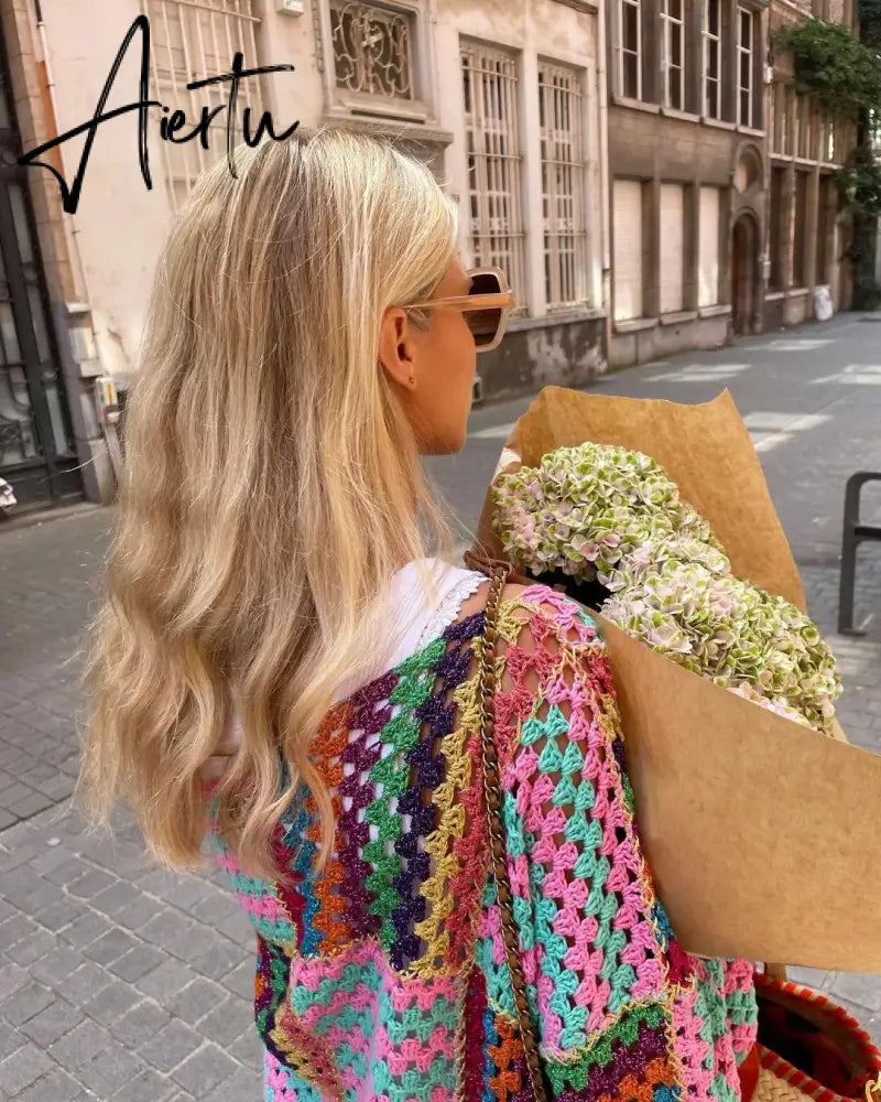 Autumn Colorful Knit Crochet Cardigan Women Casual Flare Long Sleeve Loose Sweater Female Y2K Chic Hollow Out Streetwear Aiertu