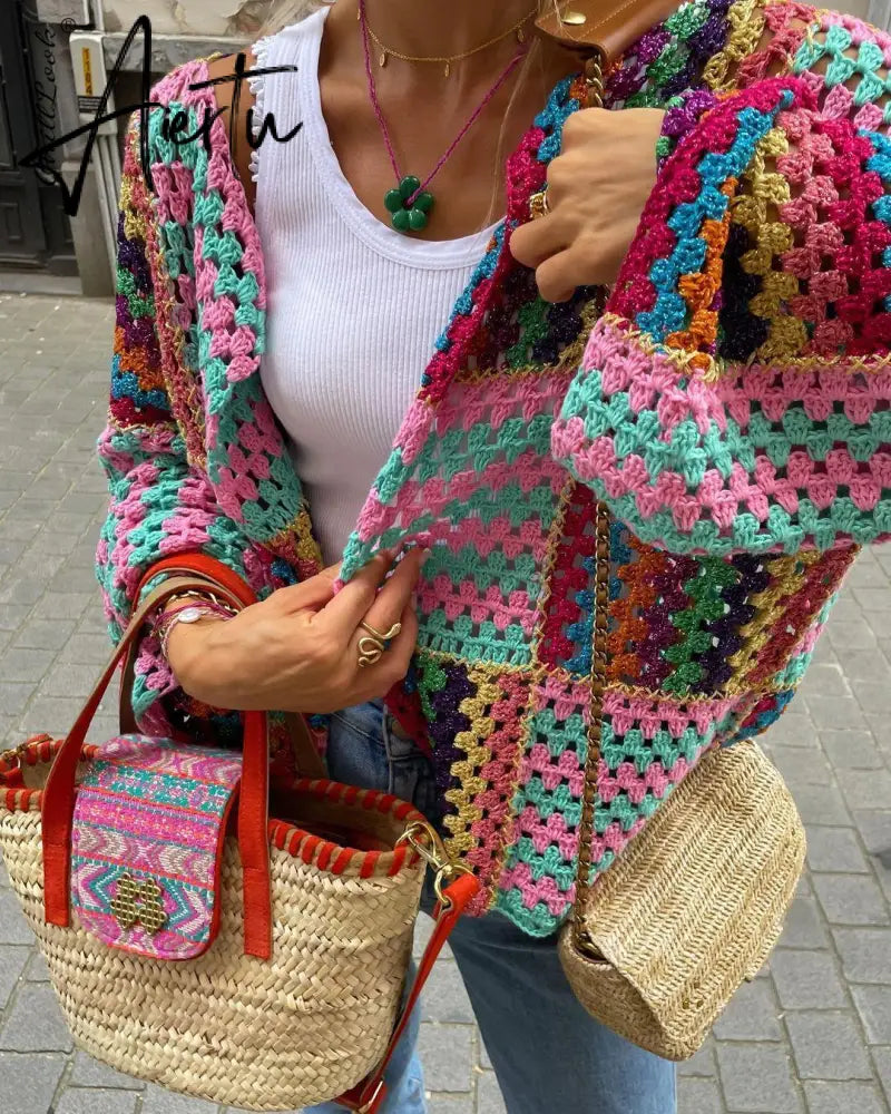 Autumn Colorful Knit Crochet Cardigan Women Casual Flare Long Sleeve Loose Sweater Female Y2K Chic Hollow Out Streetwear Aiertu