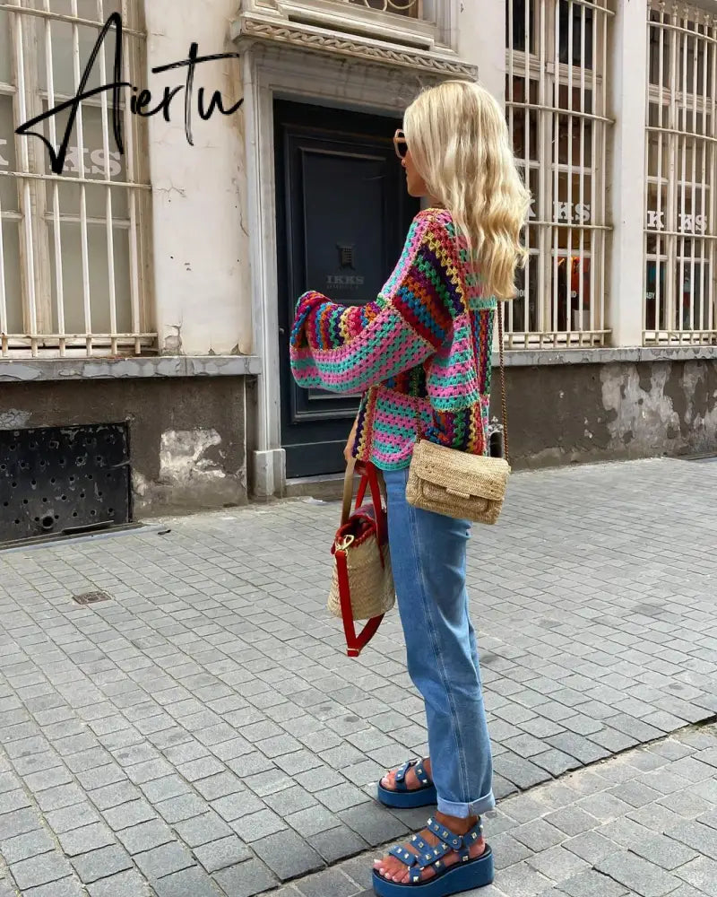 Autumn Colorful Knit Crochet Cardigan Women Casual Flare Long Sleeve Loose Sweater Female Y2K Chic Hollow Out Streetwear Aiertu