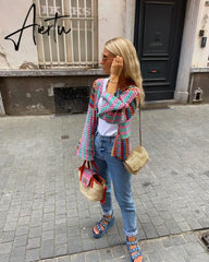 Autumn Colorful Knit Crochet Cardigan Women Casual Flare Long Sleeve Loose Sweater Female Y2K Chic Hollow Out Streetwear Aiertu