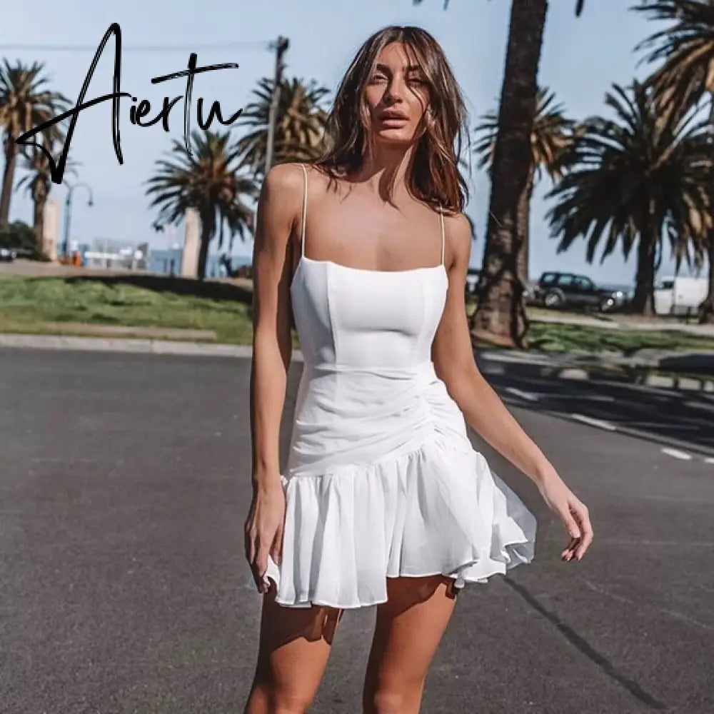 Autumn/fall Sexy Spaghetti Straps Women Eden Dress  Female Vestido Asymmetric Girl Solid Mini Dress Aiertu