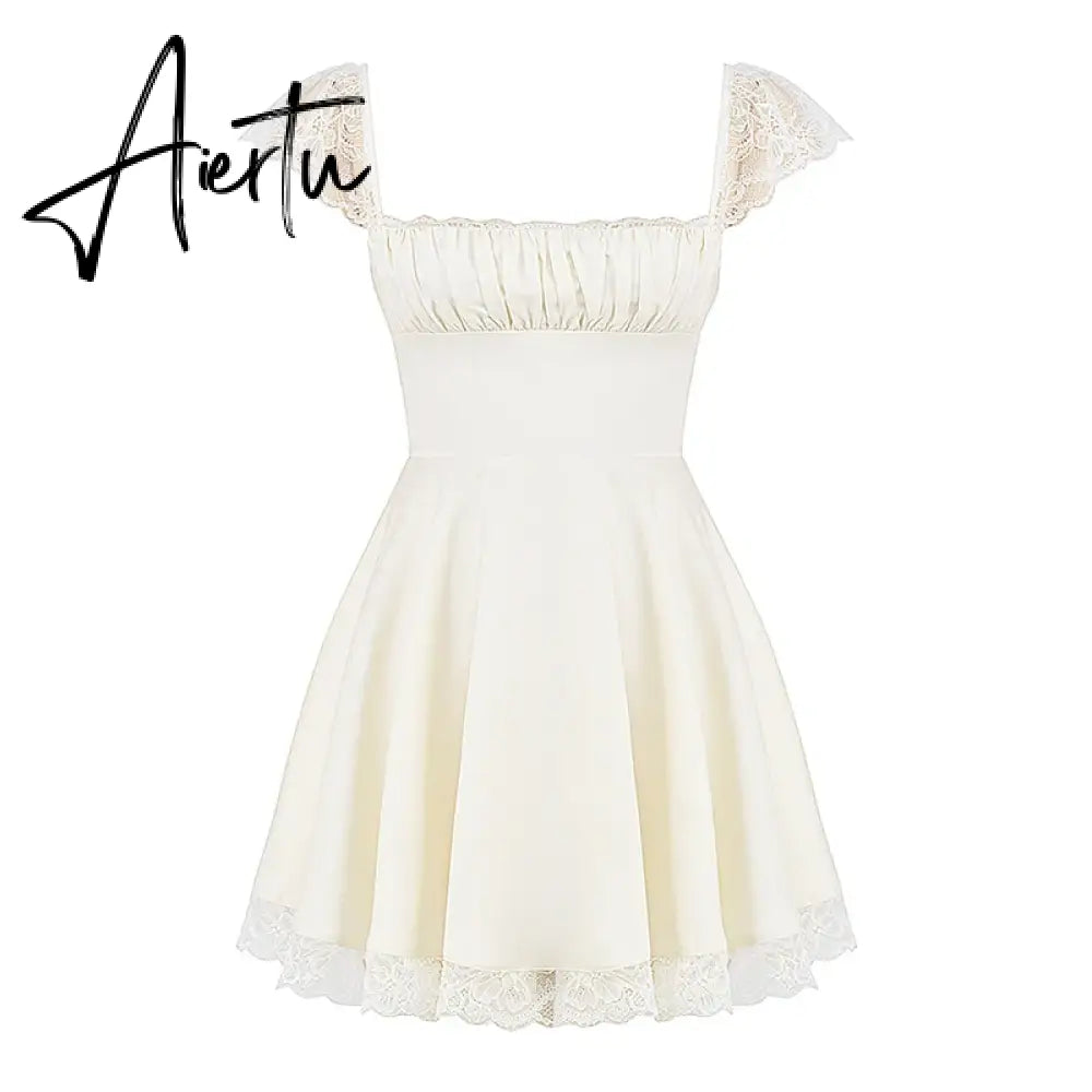 Autumn Lace Basic Mini Sexy Dress Women Spaghetti Strap Party Backless Slim Dresses Shirring Vestidos Elegant Aiertu