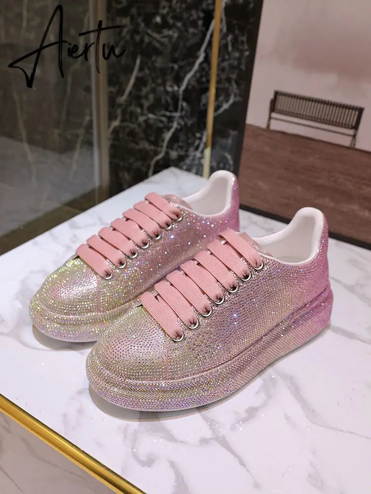Autumn Leather Women Shoes New Style Fashion Pink Platform Shoes Ins Platforms Sneakers Tide Shine Bling Rhinestone Shoes Aiertu
