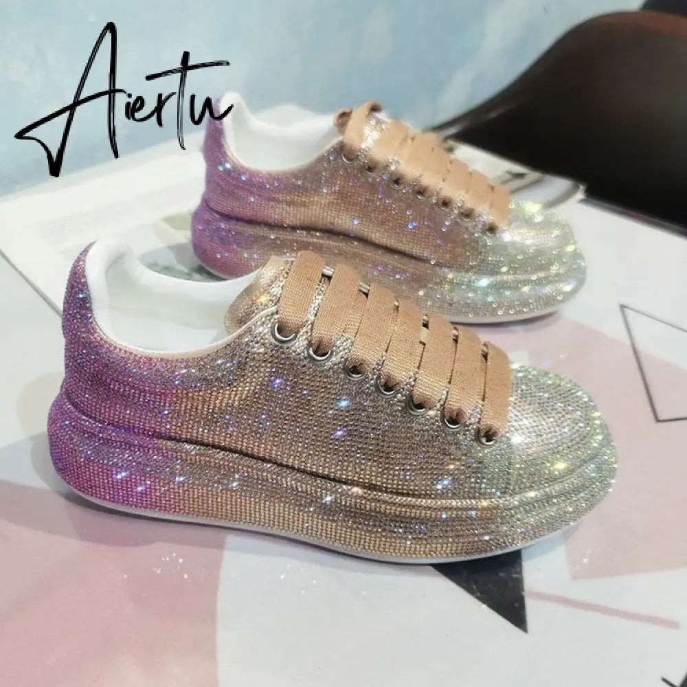 Autumn Leather Women Shoes New Style Fashion Pink Platform Shoes Ins Platforms Sneakers Tide Shine Bling Rhinestone Shoes Aiertu
