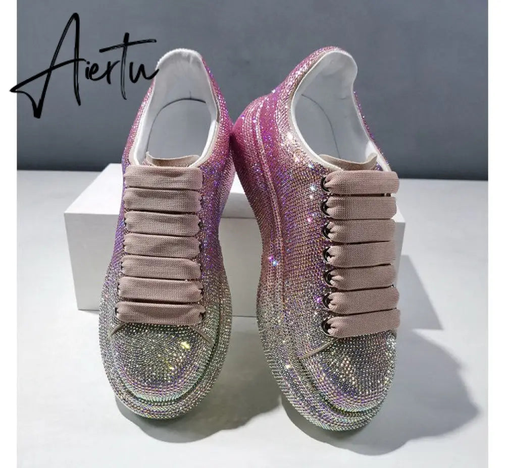 Autumn Leather Women Shoes New Style Fashion Pink Platform Shoes Ins Platforms Sneakers Tide Shine Bling Rhinestone Shoes Aiertu