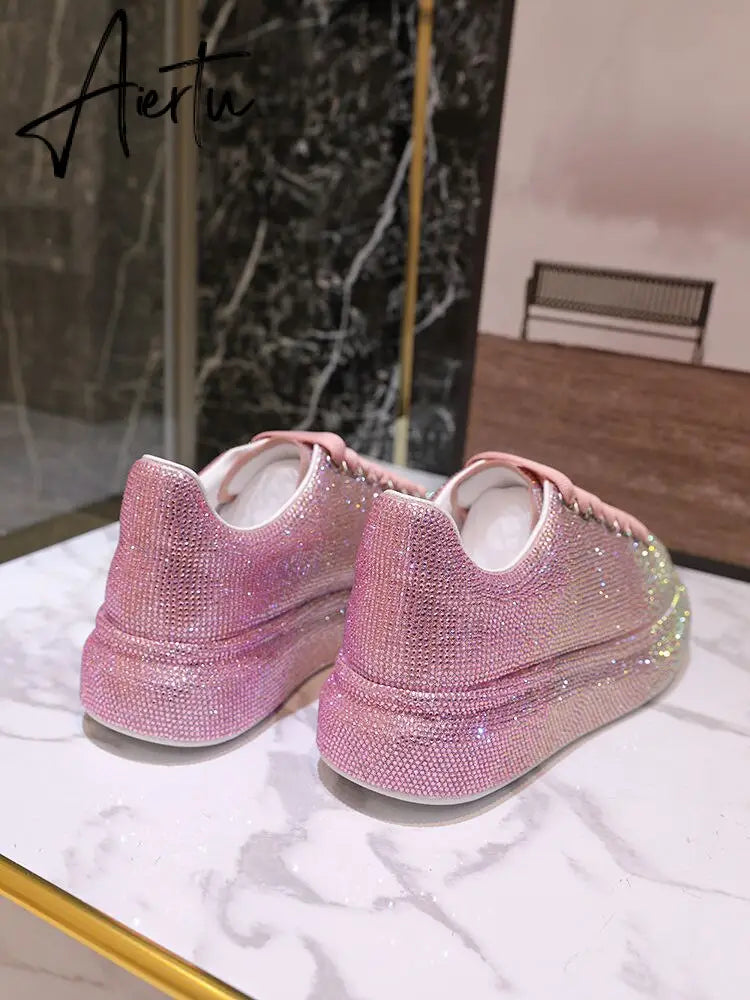 Autumn Leather Women Shoes New Style Fashion Pink Platform Shoes Ins Platforms Sneakers Tide Shine Bling Rhinestone Shoes Aiertu