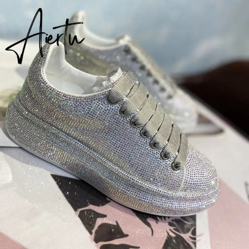 Autumn Leather Women Shoes New Style Fashion Pink Platform Shoes Ins Platforms Sneakers Tide Shine Bling Rhinestone Shoes Aiertu