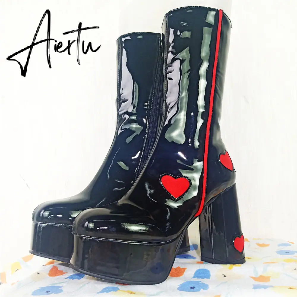 Autumn New Luxury Mature Boots Women Platform Square Toe Thick High Heels Mid Calf Boots Sweet Cool Shoes Woman Aiertu