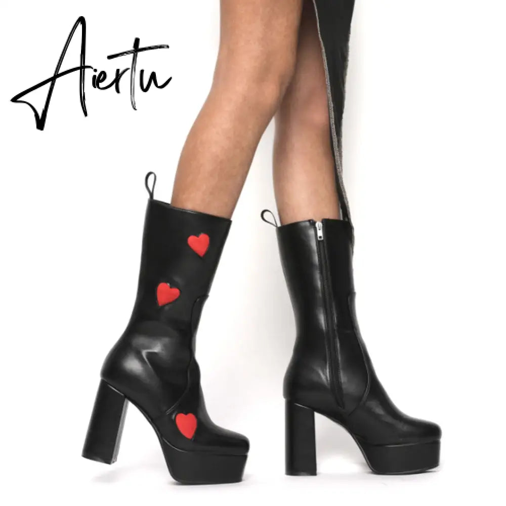 Autumn New Luxury Mature Boots Women Platform Square Toe Thick High Heels Mid Calf Boots Sweet Cool Shoes Woman Aiertu