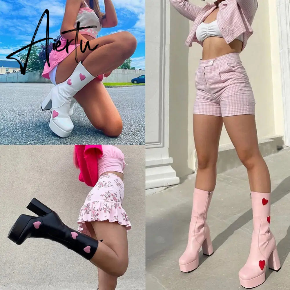 Autumn New Luxury Mature Boots Women Platform Square Toe Thick High Heels Mid Calf Boots Sweet Cool Shoes Woman Aiertu