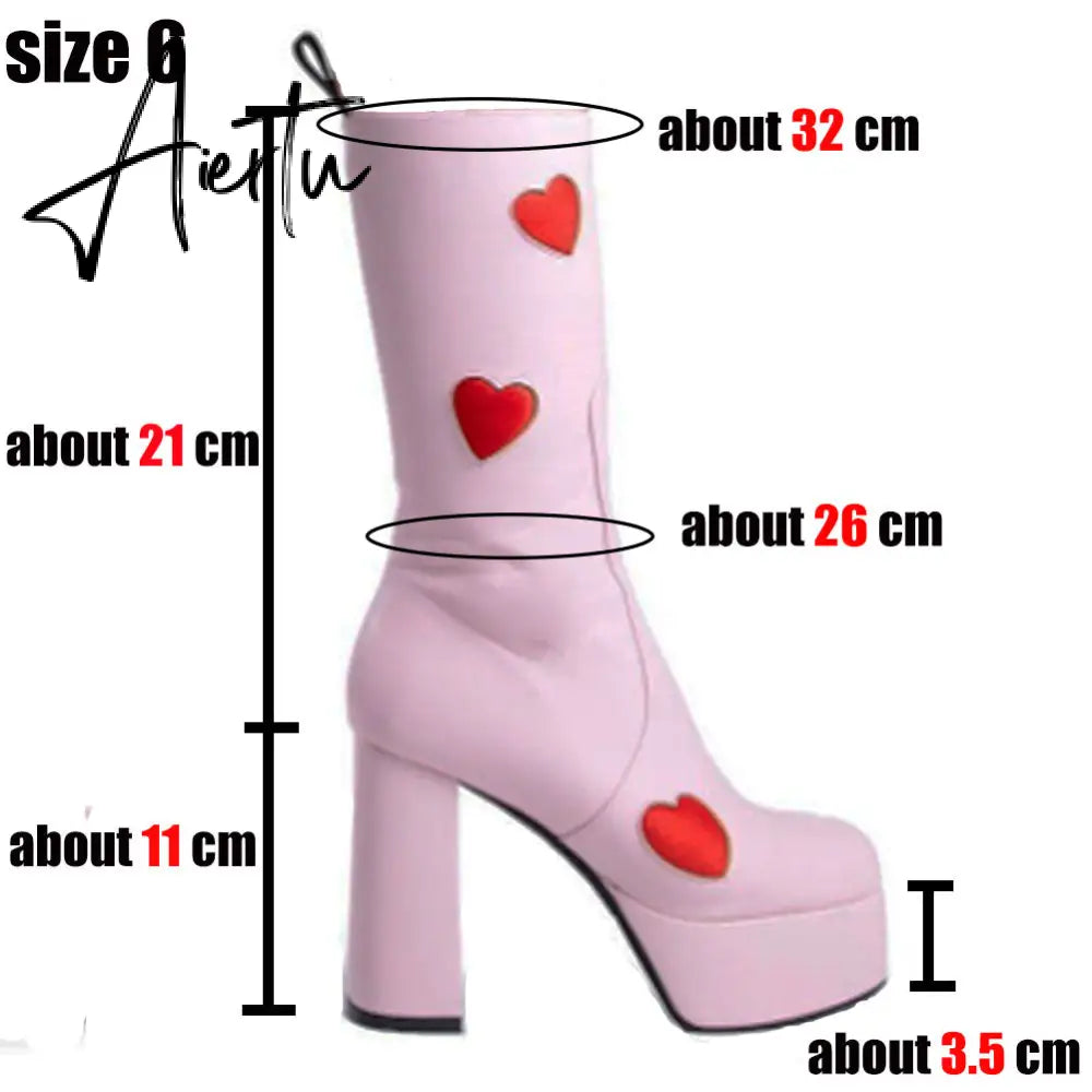 Autumn New Luxury Mature Boots Women Platform Square Toe Thick High Heels Mid Calf Boots Sweet Cool Shoes Woman Aiertu