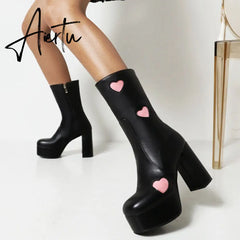 Autumn New Luxury Mature Boots Women Platform Square Toe Thick High Heels Mid Calf Boots Sweet Cool Shoes Woman Aiertu