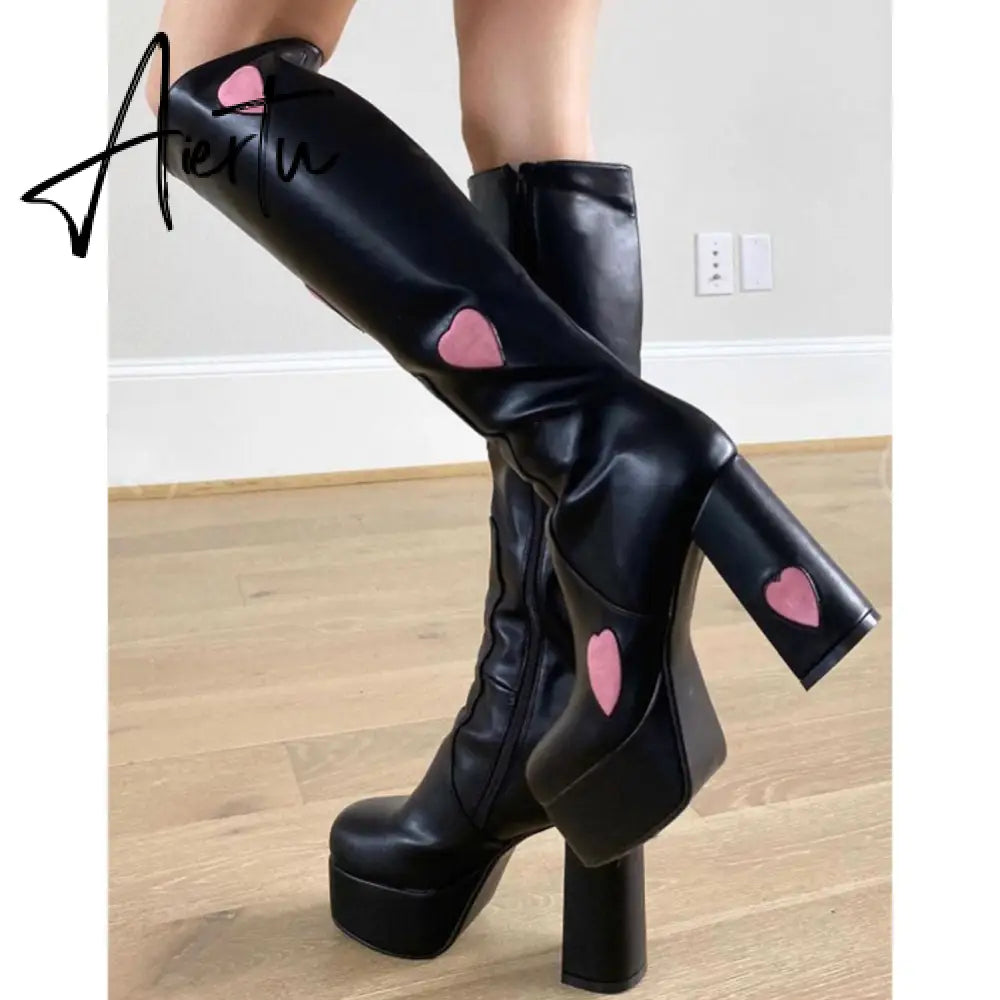 Autumn New Luxury Mature Boots Women Platform Square Toe Thick High Heels Mid Calf Boots Sweet Cool Shoes Woman Aiertu