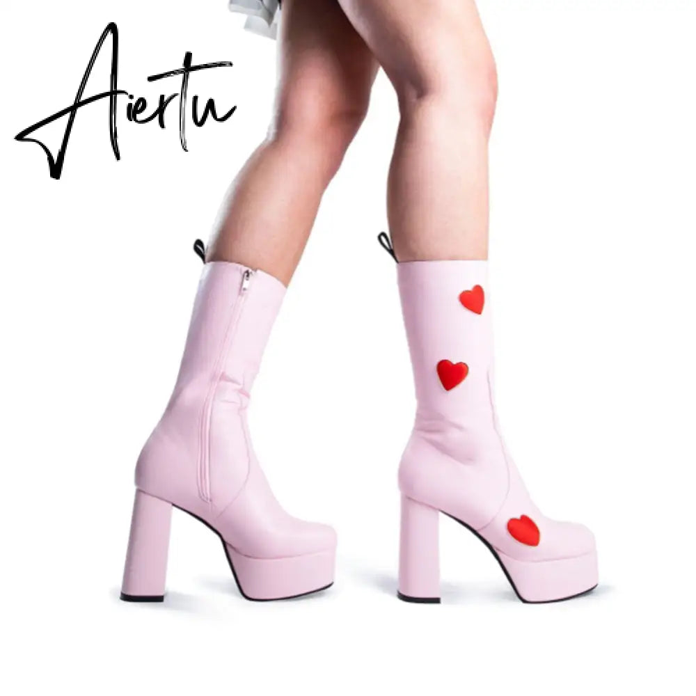Autumn New Luxury Mature Boots Women Platform Square Toe Thick High Heels Mid Calf Boots Sweet Cool Shoes Woman Aiertu