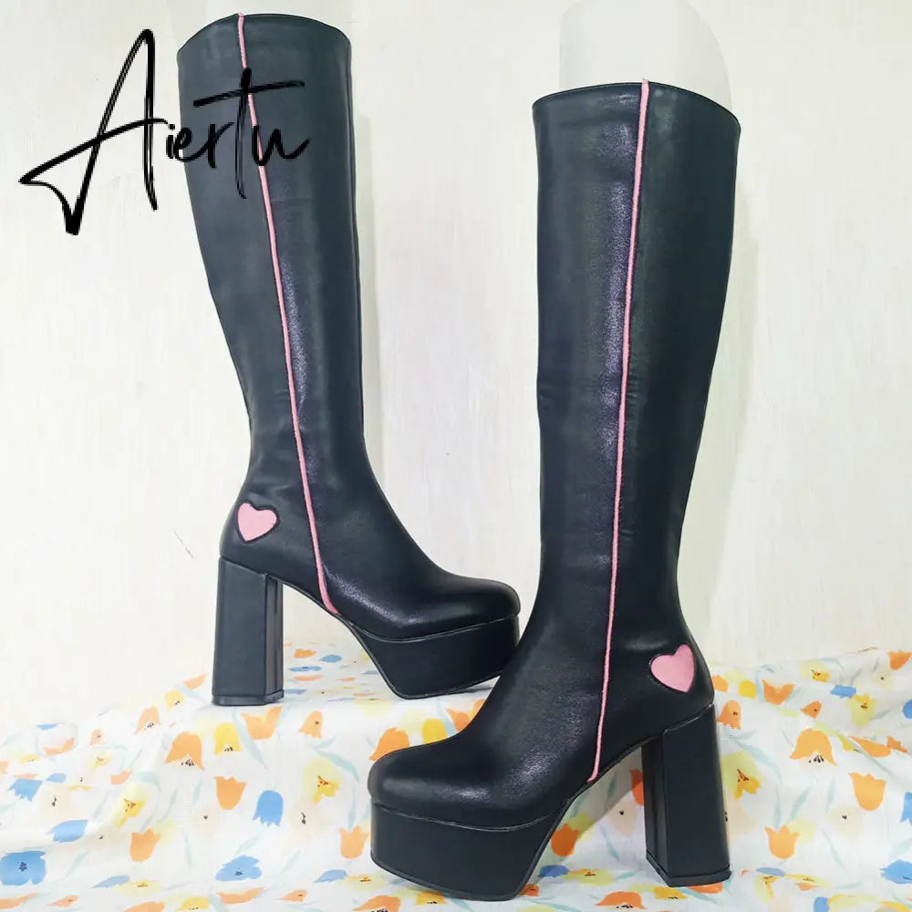 Autumn New Luxury Mature Boots Women Platform Square Toe Thick High Heels Mid Calf Boots Sweet Cool Shoes Woman Aiertu