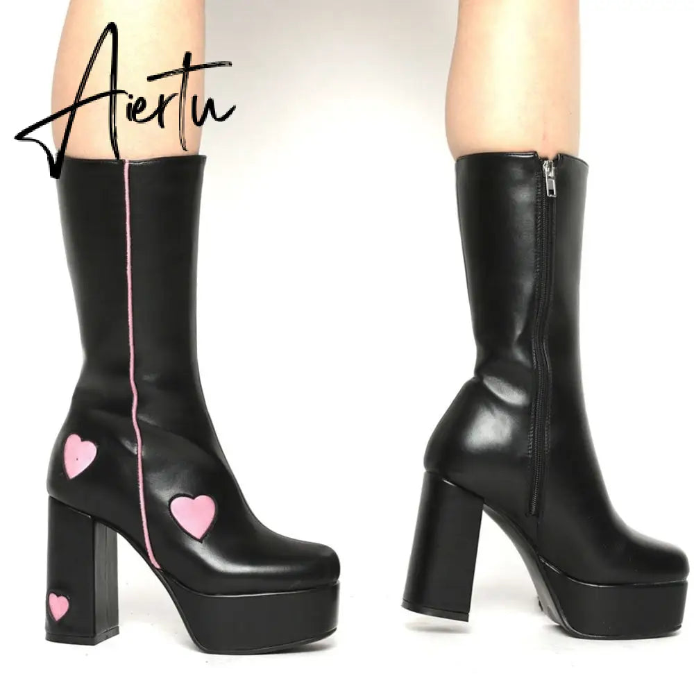 Autumn New Luxury Mature Boots Women Platform Square Toe Thick High Heels Mid Calf Boots Sweet Cool Shoes Woman Aiertu