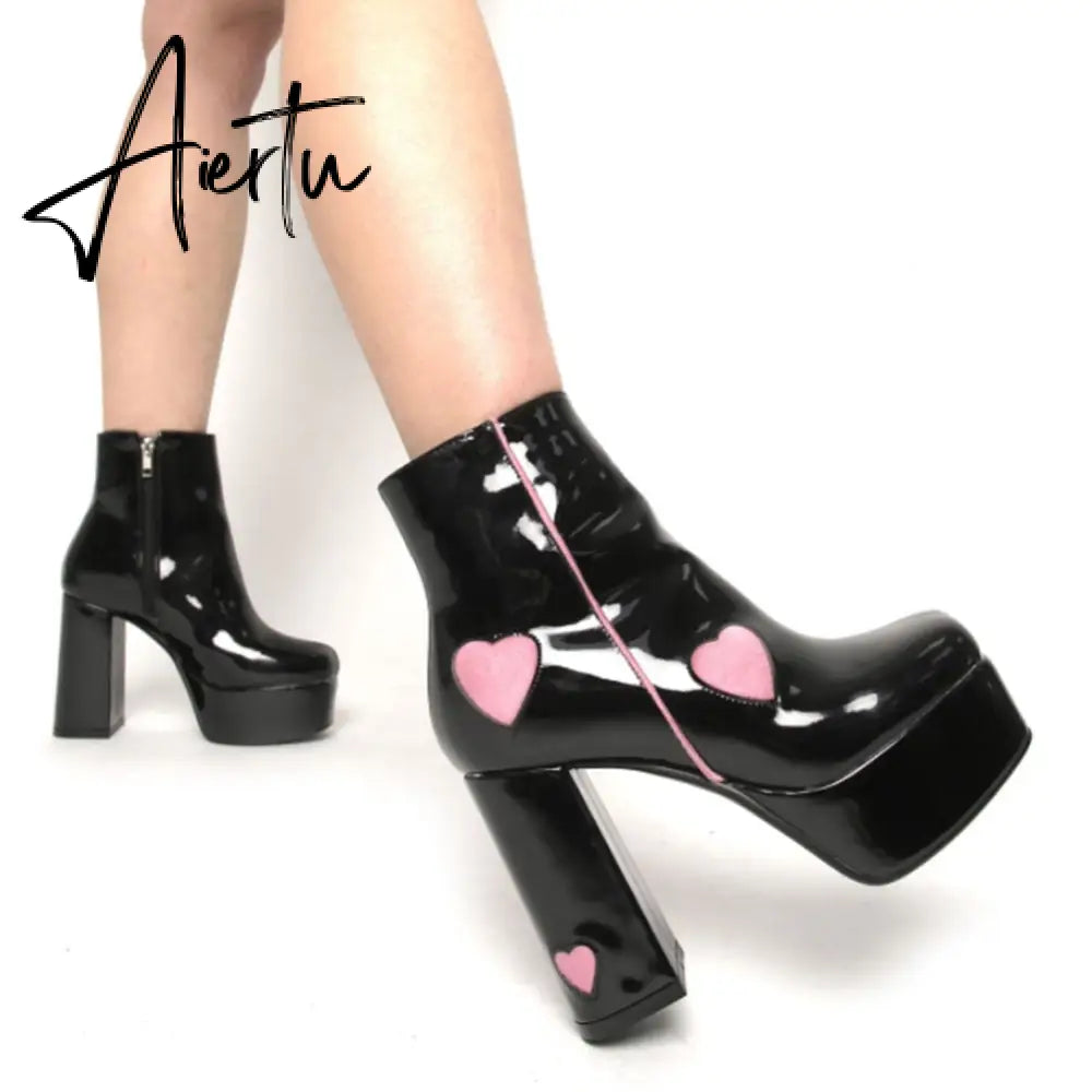 Autumn New Luxury Mature Boots Women Platform Square Toe Thick High Heels Mid Calf Boots Sweet Cool Shoes Woman Aiertu