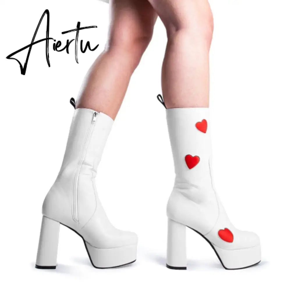 Autumn New Luxury Mature Boots Women Platform Square Toe Thick High Heels Mid Calf Boots Sweet Cool Shoes Woman Aiertu