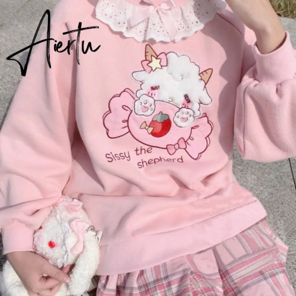 Autumn New Women Lace Neck Cute Hoodies Harajuku Kawaii Sweatshirt Women Pink Pullover Lamb And Candy Embroidery Sudadera Aiertu