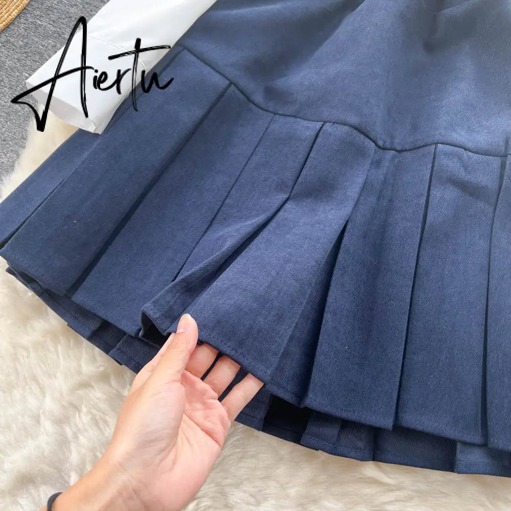 Autumn Pleated Dress High Waist Vest Preppy Style Suit Women's Puff Sleeve Top Mini Dress Two Piece Sets Womens Outifits Aiertu