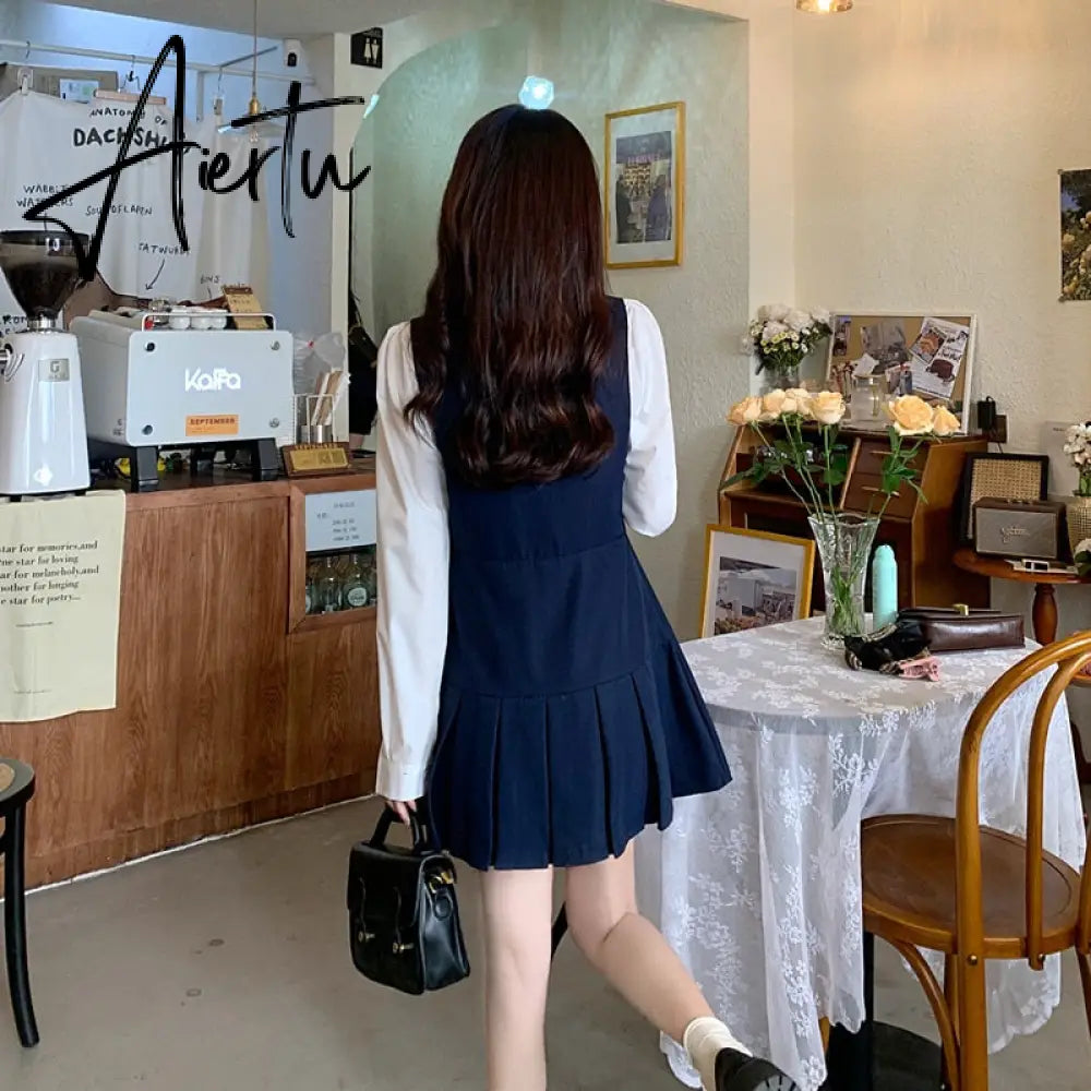 Autumn Pleated Dress High Waist Vest Preppy Style Suit Women's Puff Sleeve Top Mini Dress Two Piece Sets Womens Outifits Aiertu