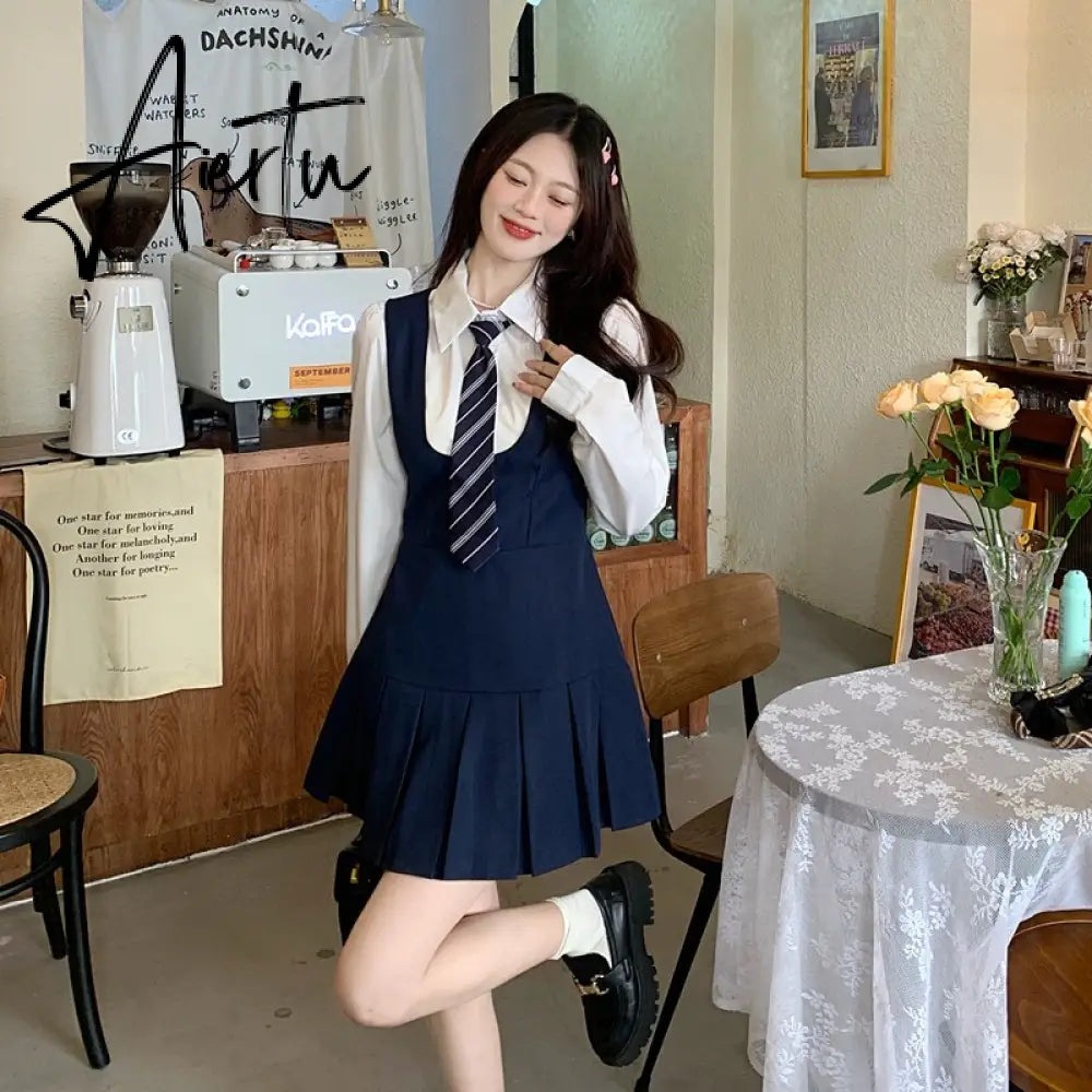Autumn Pleated Dress High Waist Vest Preppy Style Suit Women's Puff Sleeve Top Mini Dress Two Piece Sets Womens Outifits Aiertu
