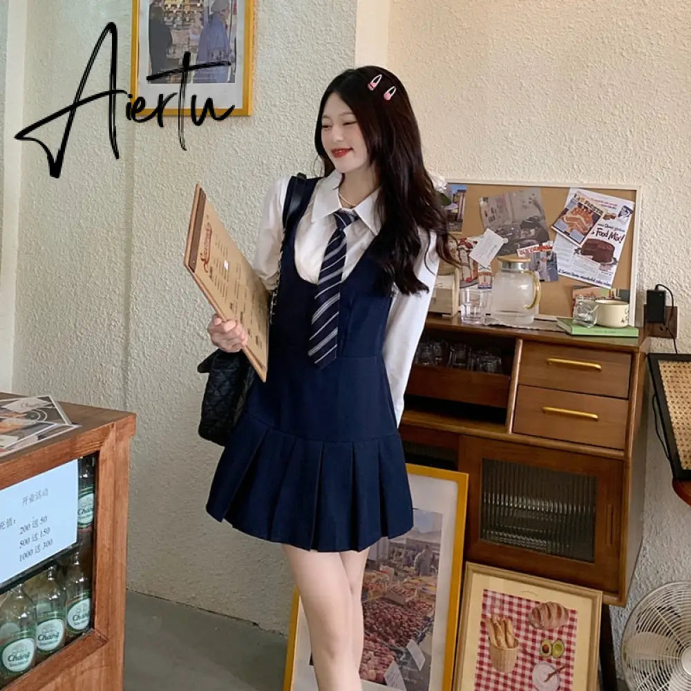 Autumn Pleated Dress High Waist Vest Preppy Style Suit Women's Puff Sleeve Top Mini Dress Two Piece Sets Womens Outifits Aiertu
