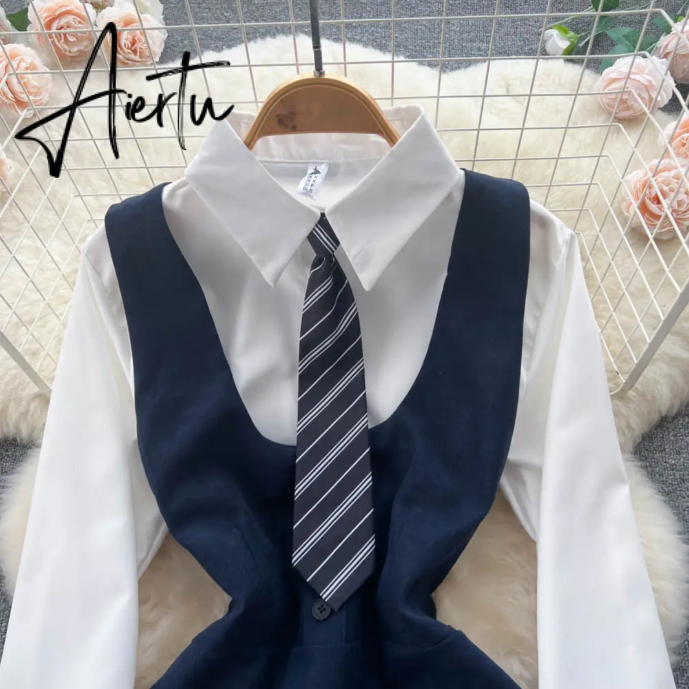 Autumn Pleated Dress High Waist Vest Preppy Style Suit Women's Puff Sleeve Top Mini Dress Two Piece Sets Womens Outifits Aiertu