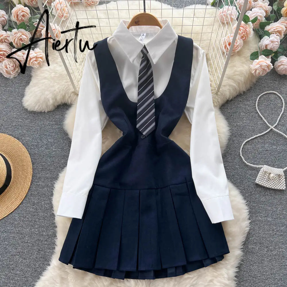 Autumn Pleated Dress High Waist Vest Preppy Style Suit Women's Puff Sleeve Top Mini Dress Two Piece Sets Womens Outifits Aiertu