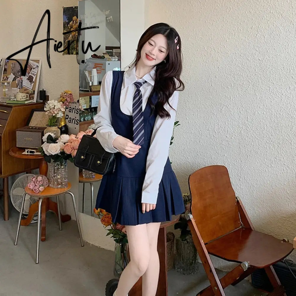 Autumn Pleated Dress High Waist Vest Preppy Style Suit Women's Puff Sleeve Top Mini Dress Two Piece Sets Womens Outifits Aiertu