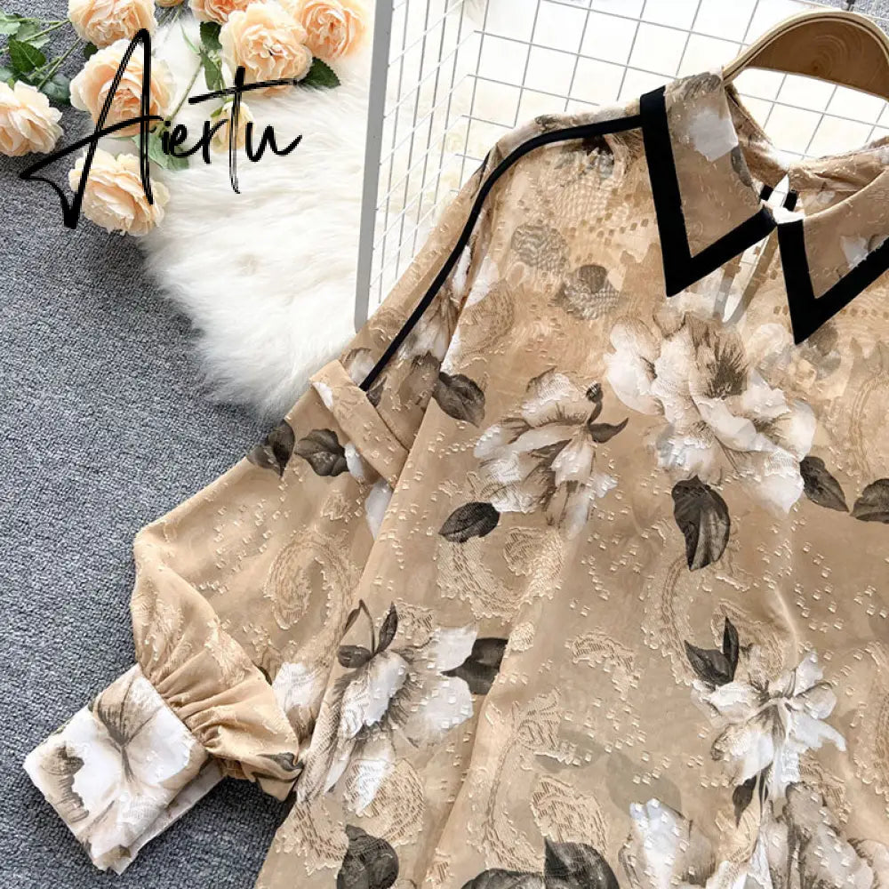 Autumn Puff Sleeve Shirts Blouse Women Floral Long Sleeve Lapel Buttons Vintage Shirts Elegant Blouses Tops Female GD631 Aiertu
