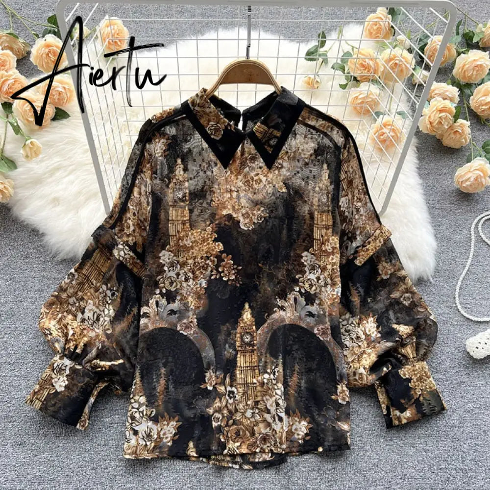 Autumn Puff Sleeve Shirts Blouse Women Floral Long Sleeve Lapel Buttons Vintage Shirts Elegant Blouses Tops Female GD631 Aiertu