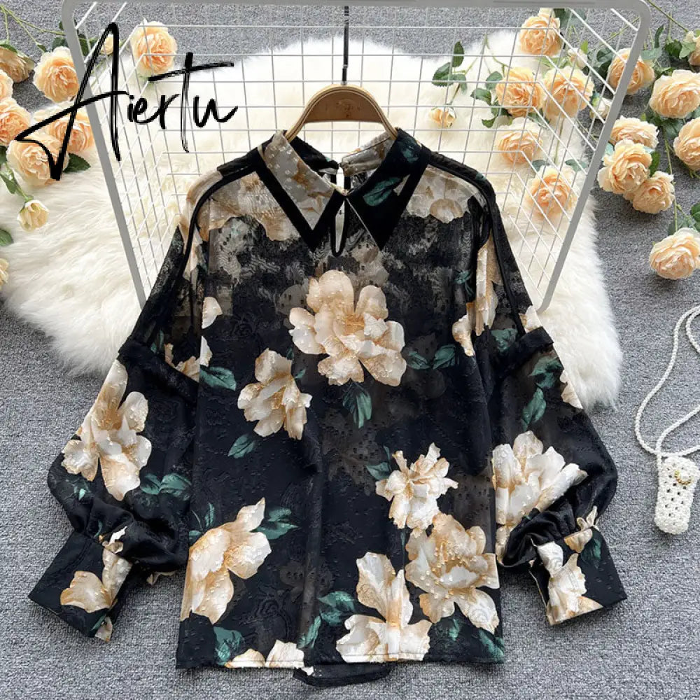 Autumn Puff Sleeve Shirts Blouse Women Floral Long Sleeve Lapel Buttons Vintage Shirts Elegant Blouses Tops Female GD631 Aiertu