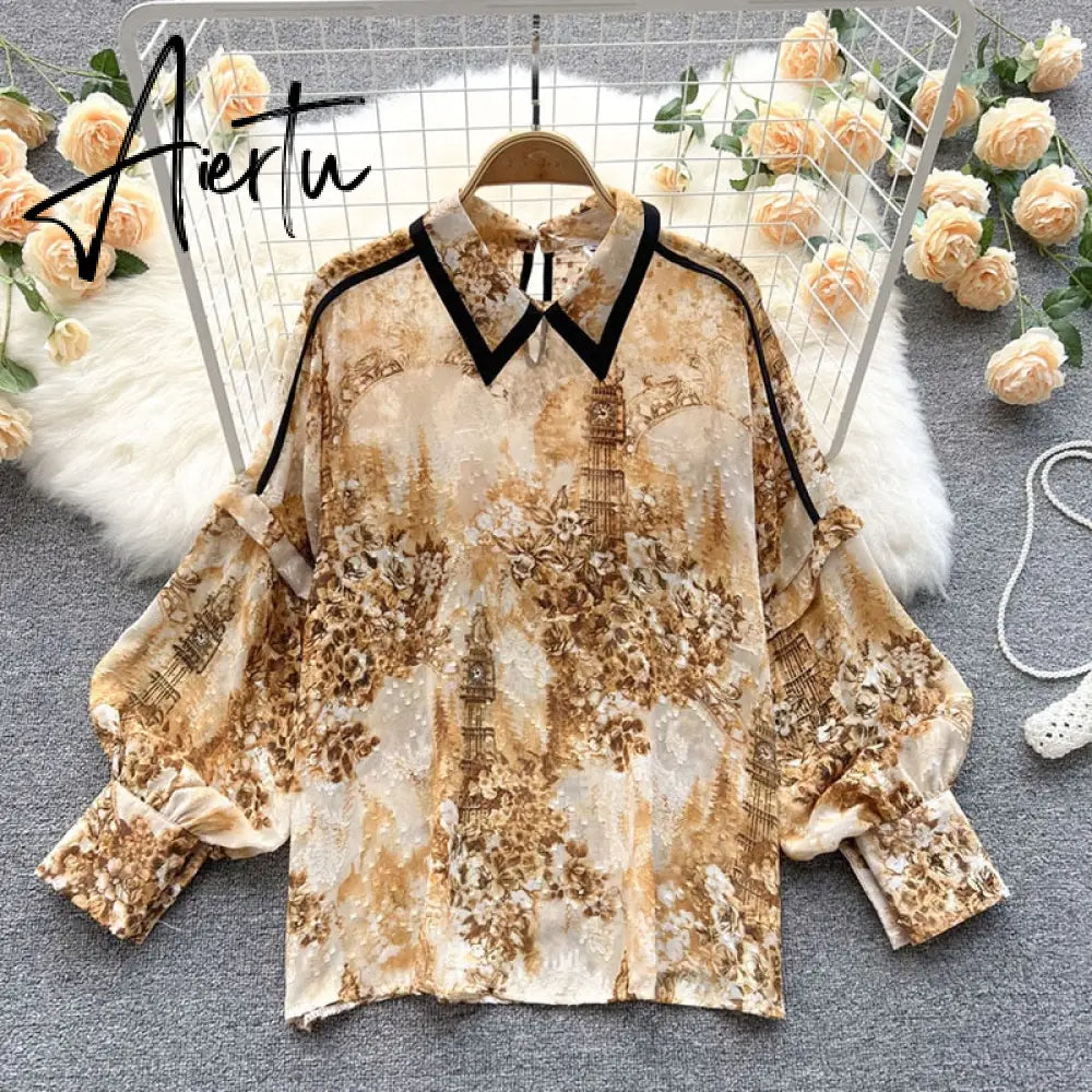Autumn Puff Sleeve Shirts Blouse Women Floral Long Sleeve Lapel Buttons Vintage Shirts Elegant Blouses Tops Female GD631 Aiertu