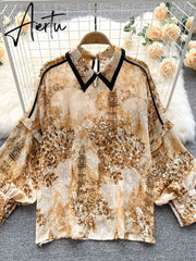 Autumn Puff Sleeve Shirts Blouse Women Floral Long Sleeve Lapel Buttons Vintage Shirts Elegant Blouses Tops Female GD631 Aiertu