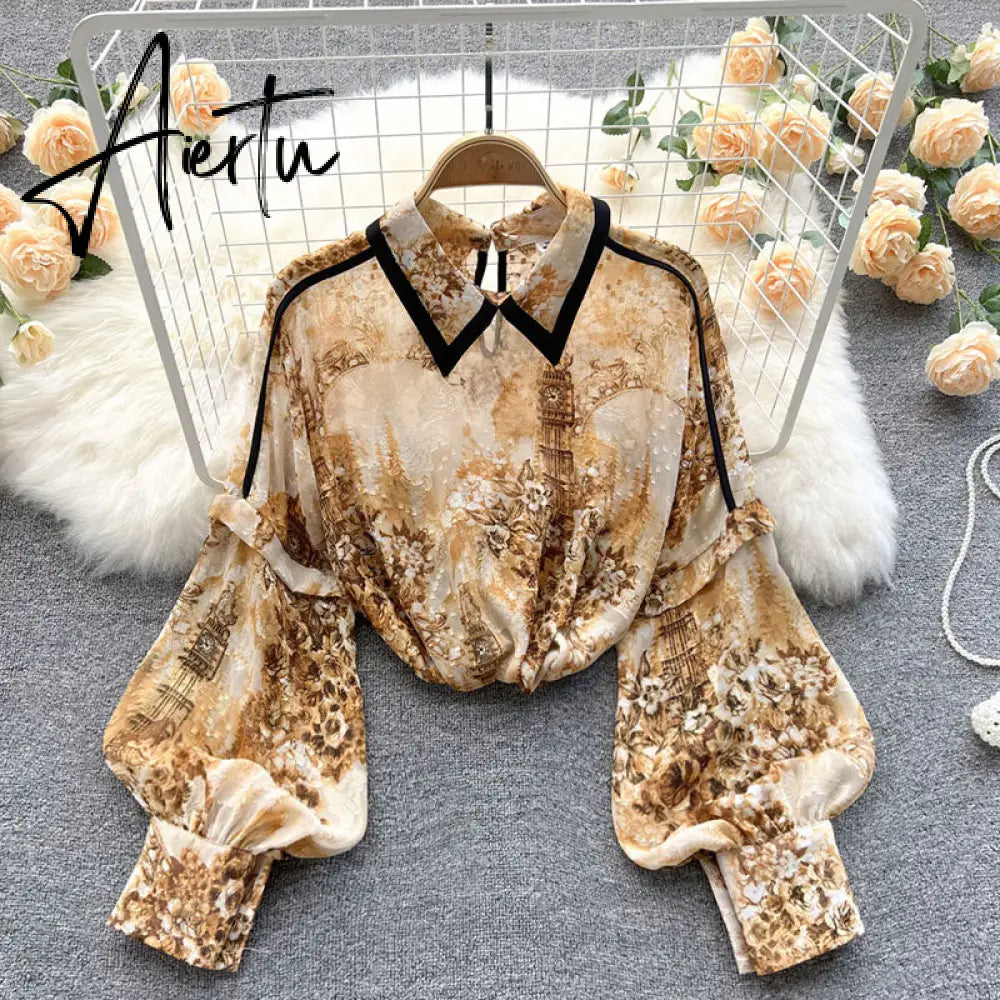 Autumn Puff Sleeve Shirts Blouse Women Floral Long Sleeve Lapel Buttons Vintage Shirts Elegant Blouses Tops Female GD631 Aiertu
