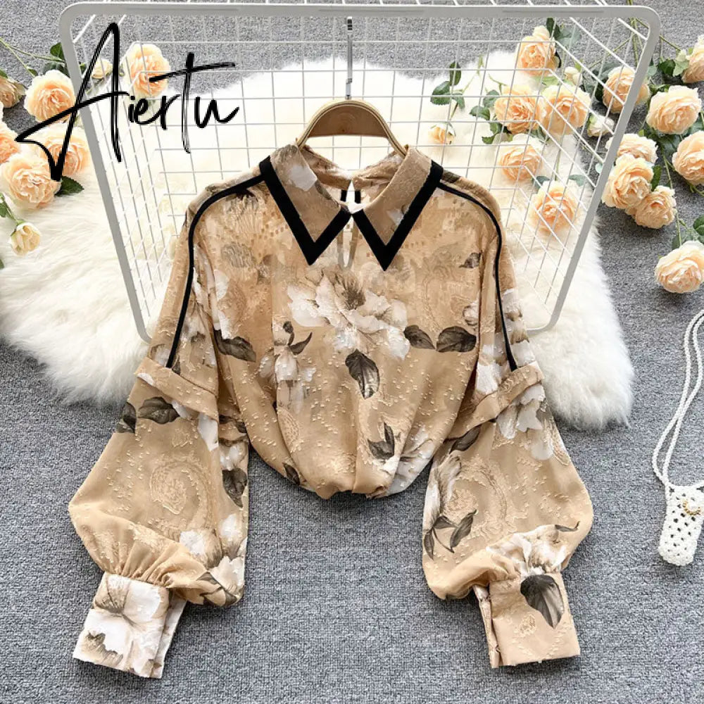 Autumn Puff Sleeve Shirts Blouse Women Floral Long Sleeve Lapel Buttons Vintage Shirts Elegant Blouses Tops Female GD631 Aiertu