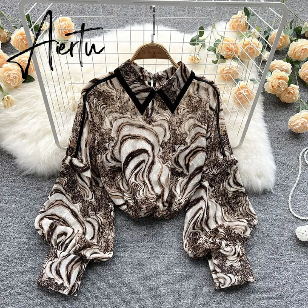 Autumn Puff Sleeve Shirts Blouse Women Floral Long Sleeve Lapel Buttons Vintage Shirts Elegant Blouses Tops Female GD631 Aiertu